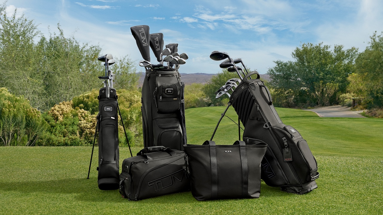 Taylor Made Shop -Taylor Made Shop TUMI SS24 Golf Collection Golf Range Bag Golf Duffel Three Pack Golf Club Cover Set Golf Cart Bag Essential Large East West Tote Golf Stand Bag in Black 16x9 1